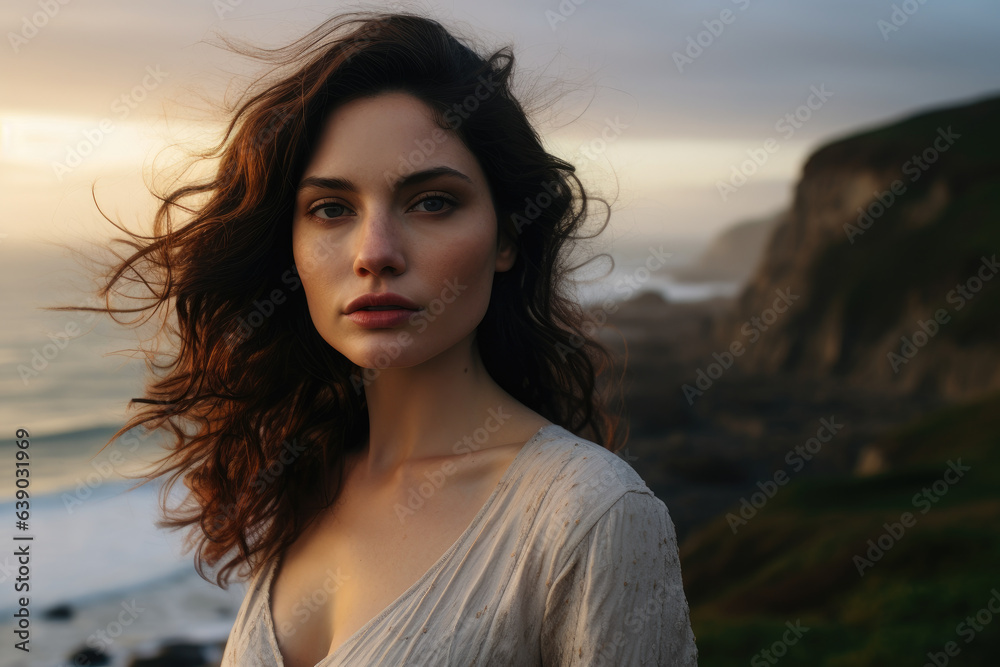 Close-Up portrait of a woman standing at the windy coast during sunset
