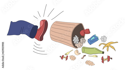 The leg of a hooligan kicks the trash bin, garbage scatters on the floor. Vandal. Street hooliganism. Environmental damage. Cartoonish flat style. Isolated vector