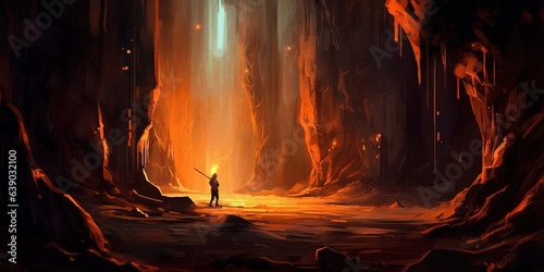 Man with a lantern explores the ancient cave of darkness, digital art style, illustration painting