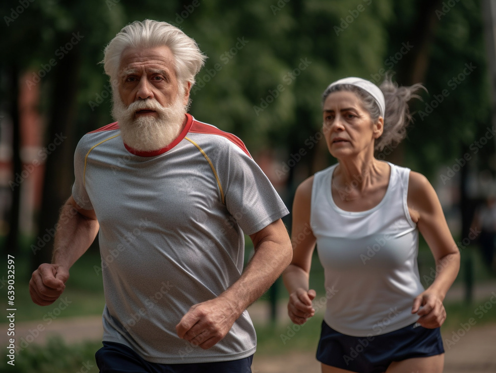 A heartwarming close-up portrait of an elderly couple jogging at a leisurely pace through a serene park, their bond evident in every step. A heartwarming close-up portrait of an elderly couple jogging at a leisurely pace through a serene park, their bond evident in every step.