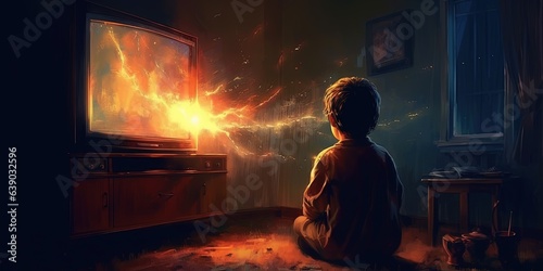 Night scene of the boy watching an antique television that glowing and sparks fly out  digital art style  illustration painting