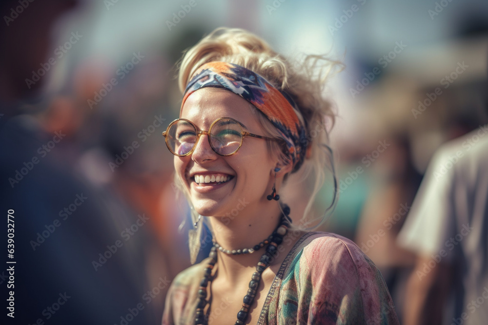 A joyful woman at a lively event, with a blurred background highlighting her free-spirited vibe.