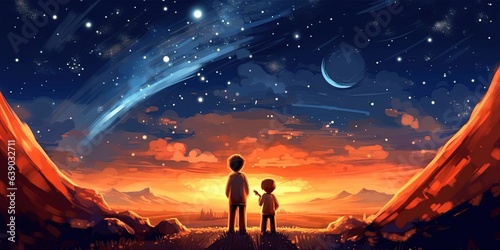 Night scene of two brothers outdoors, llittle boy looking through a telescope at stars in the sky, digital art style, illustration painting