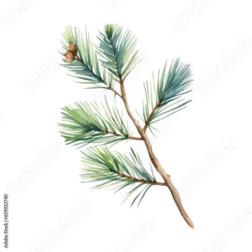 Pine branch watercolour illustration. clipart for design. Christmas elements. isolated on transparent background. Generative ai