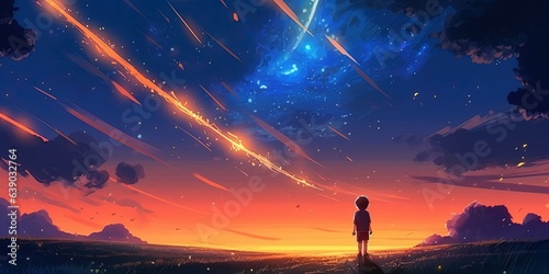 Night scenery of a boy looking the meteor in the colorful sky, digital art style, illustration painting with textures