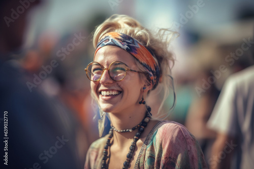 A joyful woman at a lively event, with a blurred background highlighting her free-spirited vibe. © ImageHeaven
