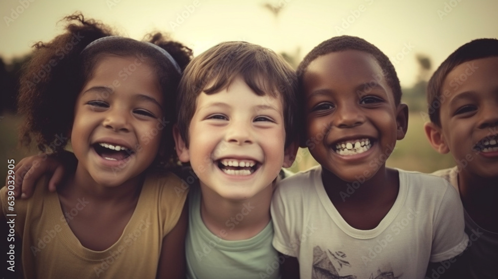 A heartwarming portrait capturing a group of diverse, cheerful, and happy children of various ethnic backgrounds enjoying outdoor activities together. A heartwarming portrait capturing a group of diverse, cheerful, and happy children of various ethnic backgrounds enjoying outdoor activities together.