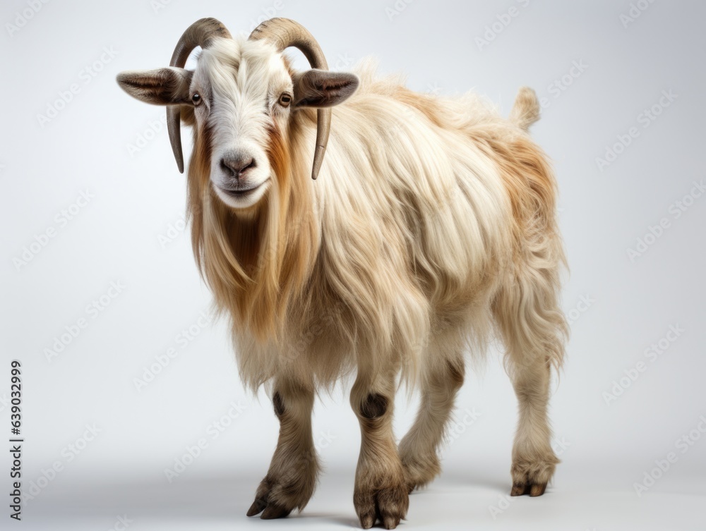 Young white goat standing on gray background. Studio shot. Full length. Young white goat standing on gray background. Studio shot. Full length.