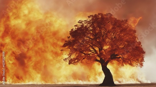 A large burning tree against a wall of fire