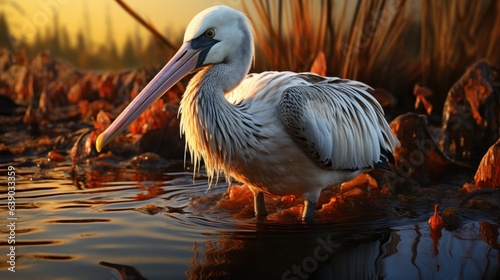 Great White Pelican (Pelecanus onocrotalus) in the lake. Big white bird in the nature. © korkut82