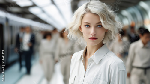 Young woman with white hair waiting for the train to leave. A young woman with an intriguing air has an unmistakable aura, waiting for an express train, a touch of mystery.