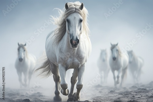 White Arabian horse galloping in dust and smoke on dark background  side view