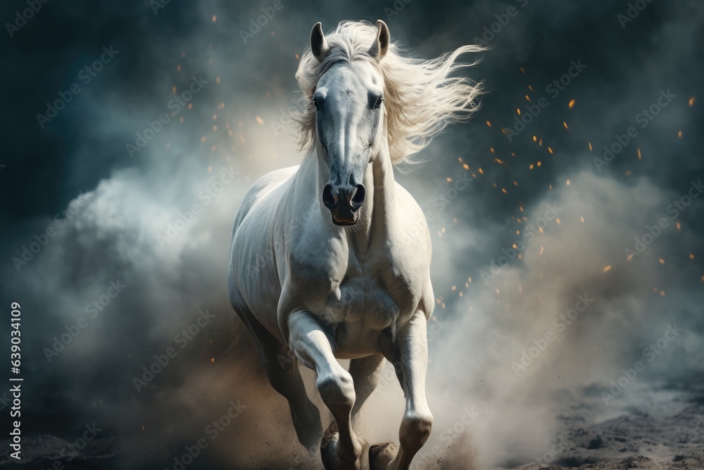 White Arabian horse galloping in dust and smoke on dark background, side view White Arabian horse galloping in dust and smoke on dark background, side view
