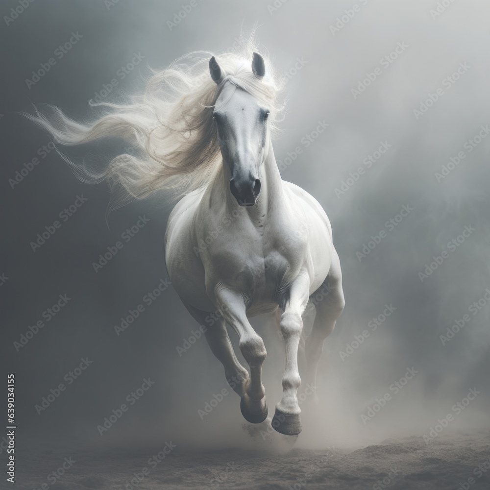 White Arabian horse galloping in dust and smoke on dark background, side view