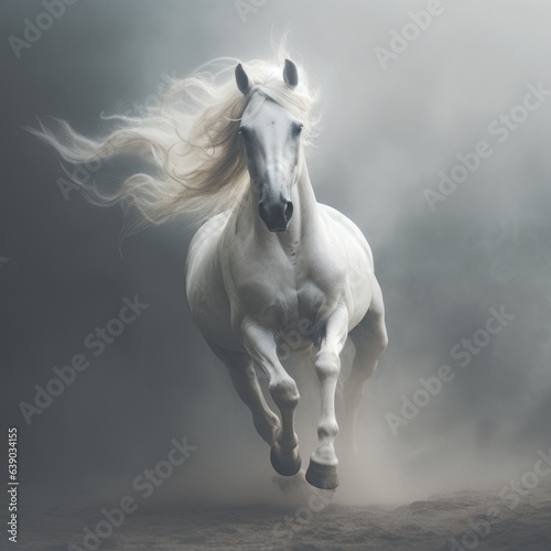White Arabian horse galloping in dust and smoke on dark background  side view
