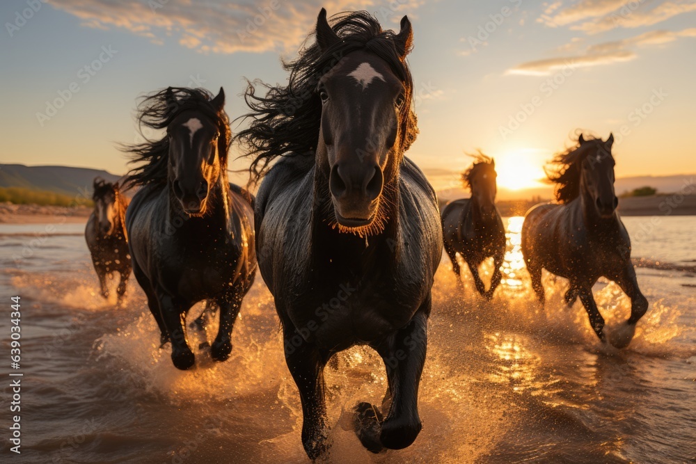 Herd of friesian horses running in the water at sunset in the desert Herd of friesian horses running in the water at sunset in the desert