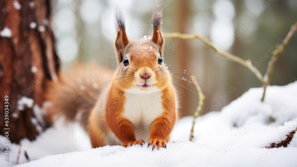Red squirrel in winter forest looking at camera. Blurred forest trees in the background. Red squirrel in winter forest looking at camera. Blurred forest trees in the background.