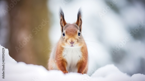 Curious red squirrel in snow against blurred winter forest trees in the background.