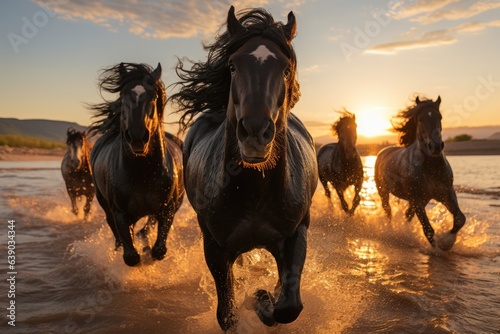 Herd of friesian horses running in the water at sunset in the desert