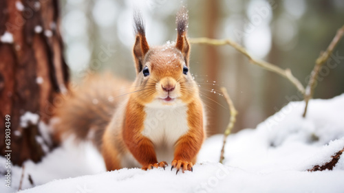 Red squirrel in winter forest looking at camera. Blurred forest trees in the background. © ekim