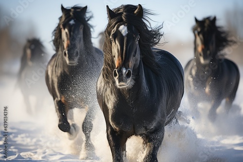 Beautiful black friesian horses galloping in snow in sunny winter day.