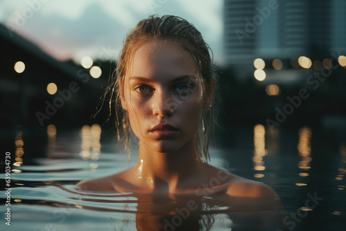 Portrait of a woman in water, swimming in a lake in the city (ID: 639034730)