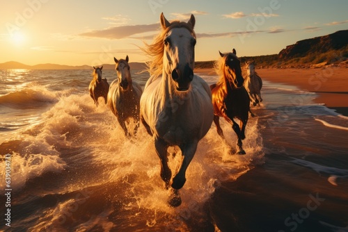 Beautiful horses running on the beach at sunset. Horses in the sea. 