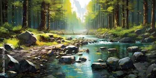 River lines with stones in beautiful forest, nature, illustration painting