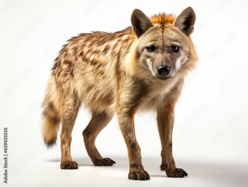 Obraz premium Close-up portrait of hyena looking at camera. Isolated on gray background.