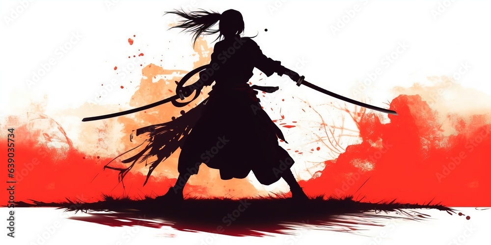 Silhouette of a samurai girl who attacks in a jump with a katana in her hands. - obrazy, fototapety, plakaty 