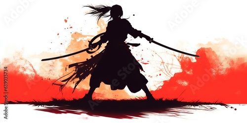 Silhouette of a samurai girl who attacks in a jump with a katana in her hands. photo