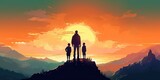 Silhouette of father and son standing on the mountain looking at the sun rising in the sky, digital art style, illustration painting
