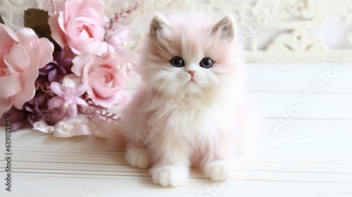 Cute little persian kitten on pink fur in room decorated for Christmas