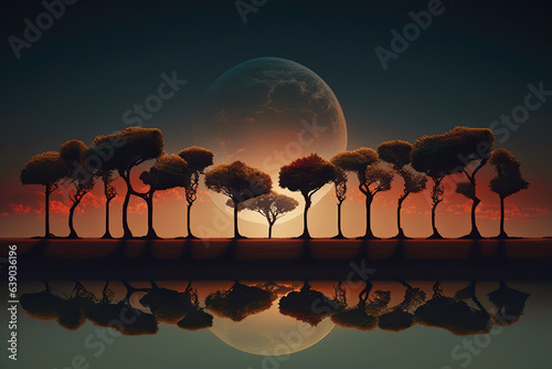 Fototapeta Row of trees reflected in the water under the light of the full moon, illustrati