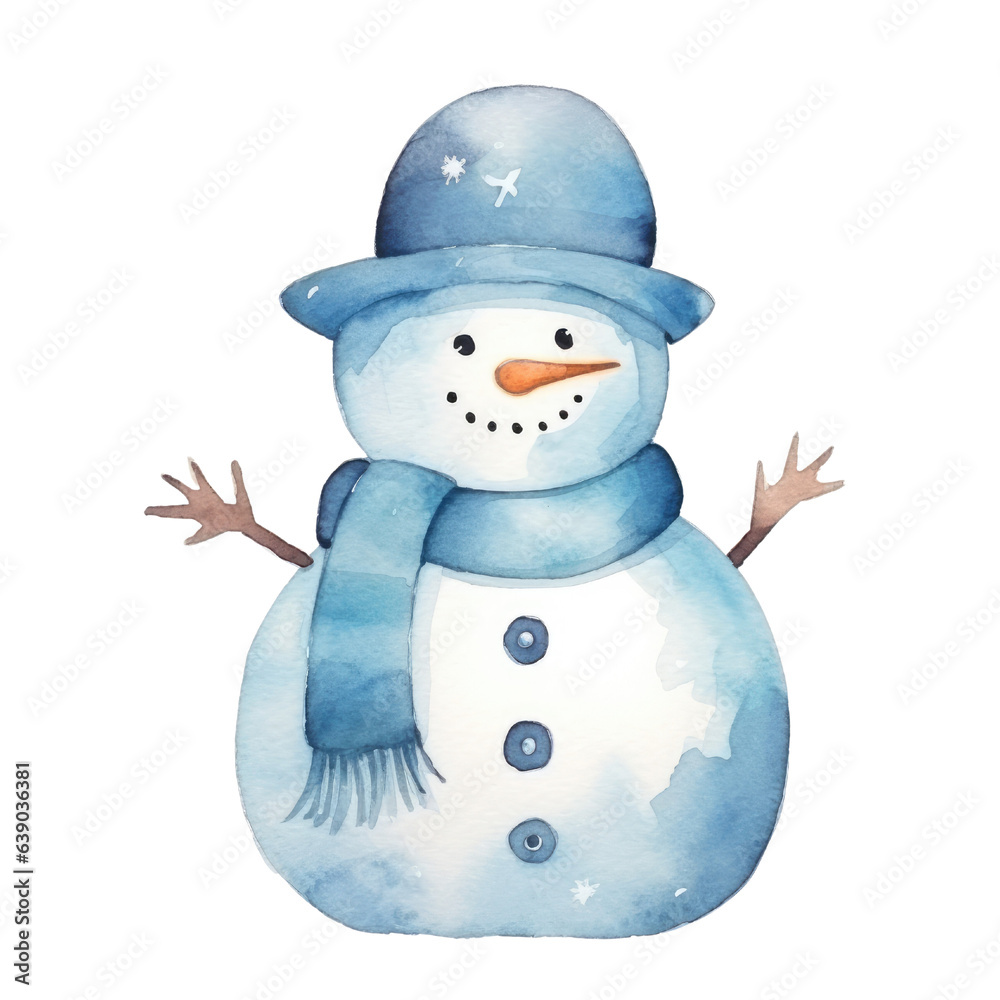 Snowman watercolour illustration. clipart for design. Christmas elements. isolated on transparent background. Generative ai.. Snowman watercolour illustration. clipart for design. Christmas elements. isolated on transparent background. Generative ai..