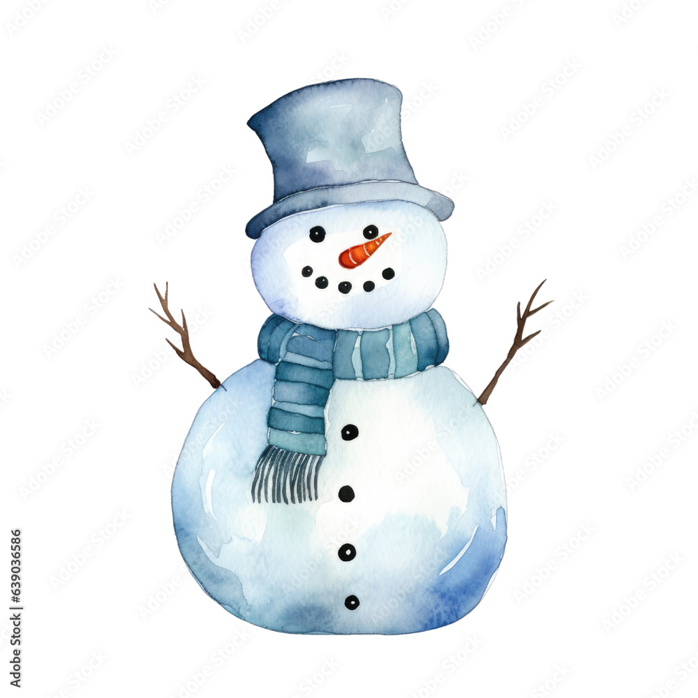 Snowman watercolour illustration. clipart for design. Christmas elements. isolated on transparent background. Generative ai.. Snowman watercolour illustration. clipart for design. Christmas elements. isolated on transparent background. Generative ai..