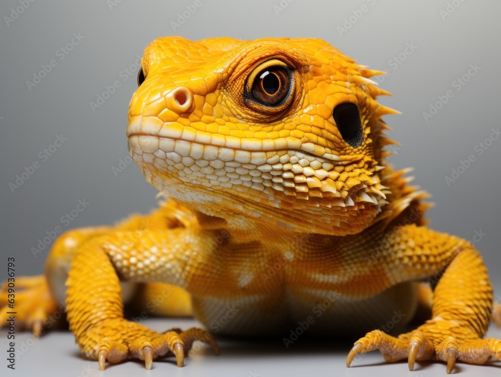 Close-up portrait of a bearded dragon on a gray background.