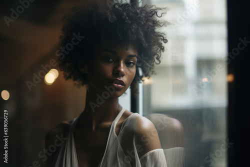 Portrait of an black woman reflected in a window photo