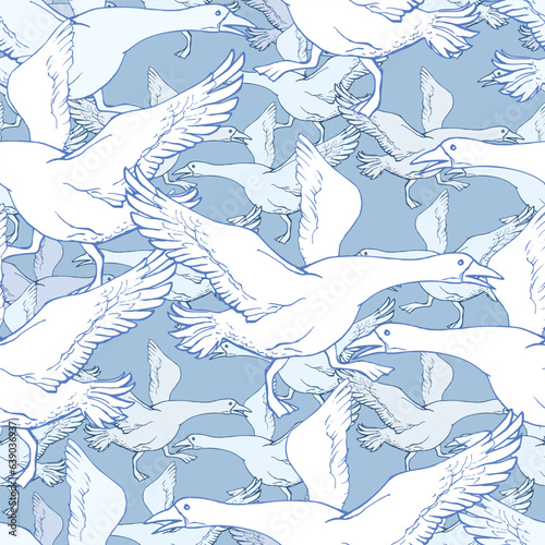 Seamless vector texture with white birds. Vintage hand-drawn geese on a light blue background