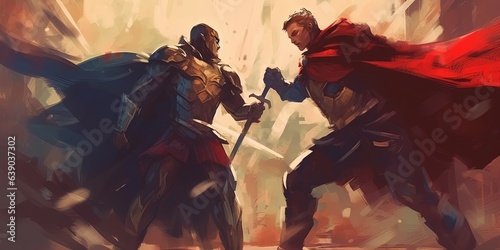 The fight scene between the hero and the villain, digital art style, illustration painting