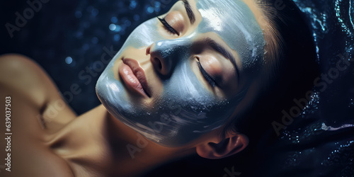 Young woman lies with closed eyes with a clay mask applied to her facial skin. A woman's face with a care cosmetic mask for perfect skin. 