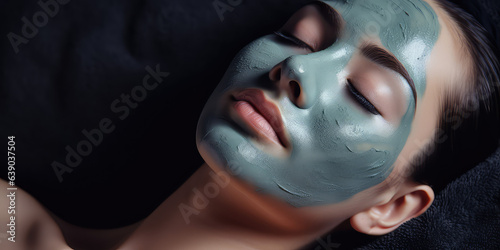Young woman lies with closed eyes with a clay mask applied to her facial skin. A woman's face with a care cosmetic mask for perfect skin. 