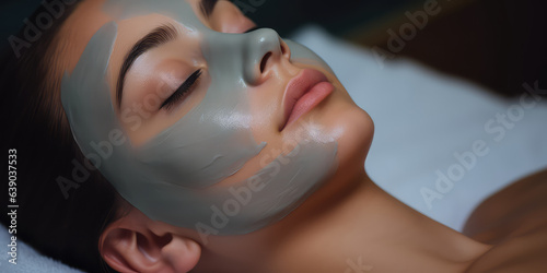Young woman lies with closed eyes with a clay mask applied to her facial skin. A woman s face with a care cosmetic mask for perfect skin. 