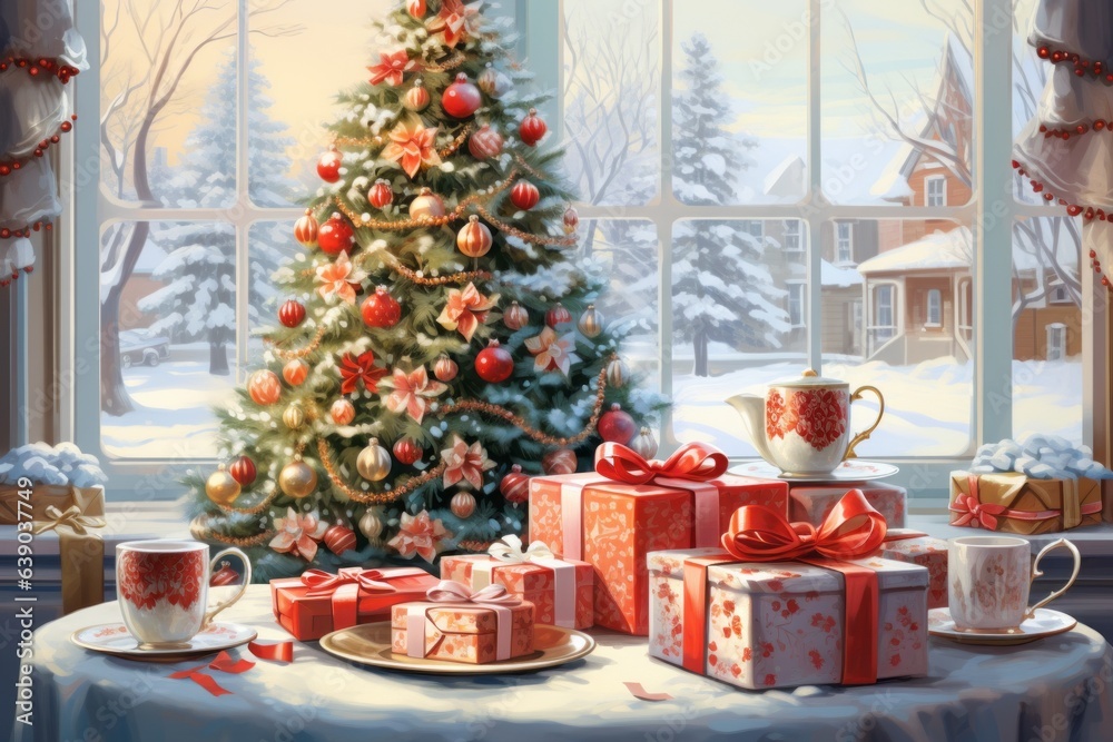 Celebrating winter's beauty with a decorated Christmas tree in snowy landscape. Merry christmas, happy new year concept