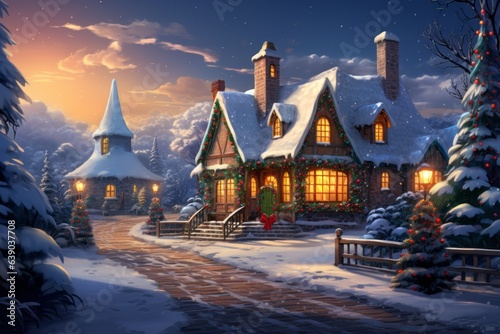 House in winter in the style of a holiday card. Merry christmas and happy new year concept. Background © top images