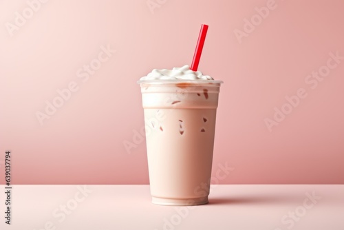 Milkshake in a disposable cup. Background with copy space photo