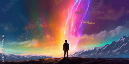 The man looking at a strange rainbow light rise in front of him. , digital art style, illustration painting © Coosh448