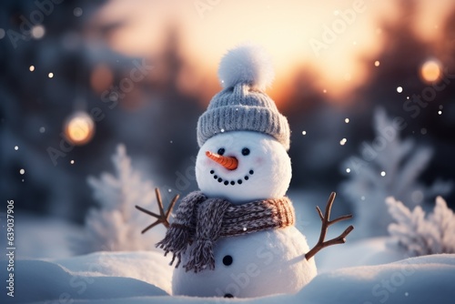 Happy Snowman as a symbol of Christmas and New Year. Welcome to winter holidays concept