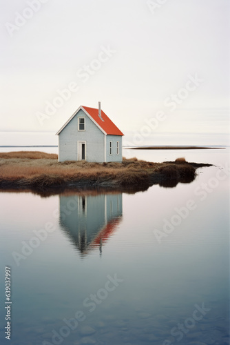 House reflecting on the still lake during a foggy day