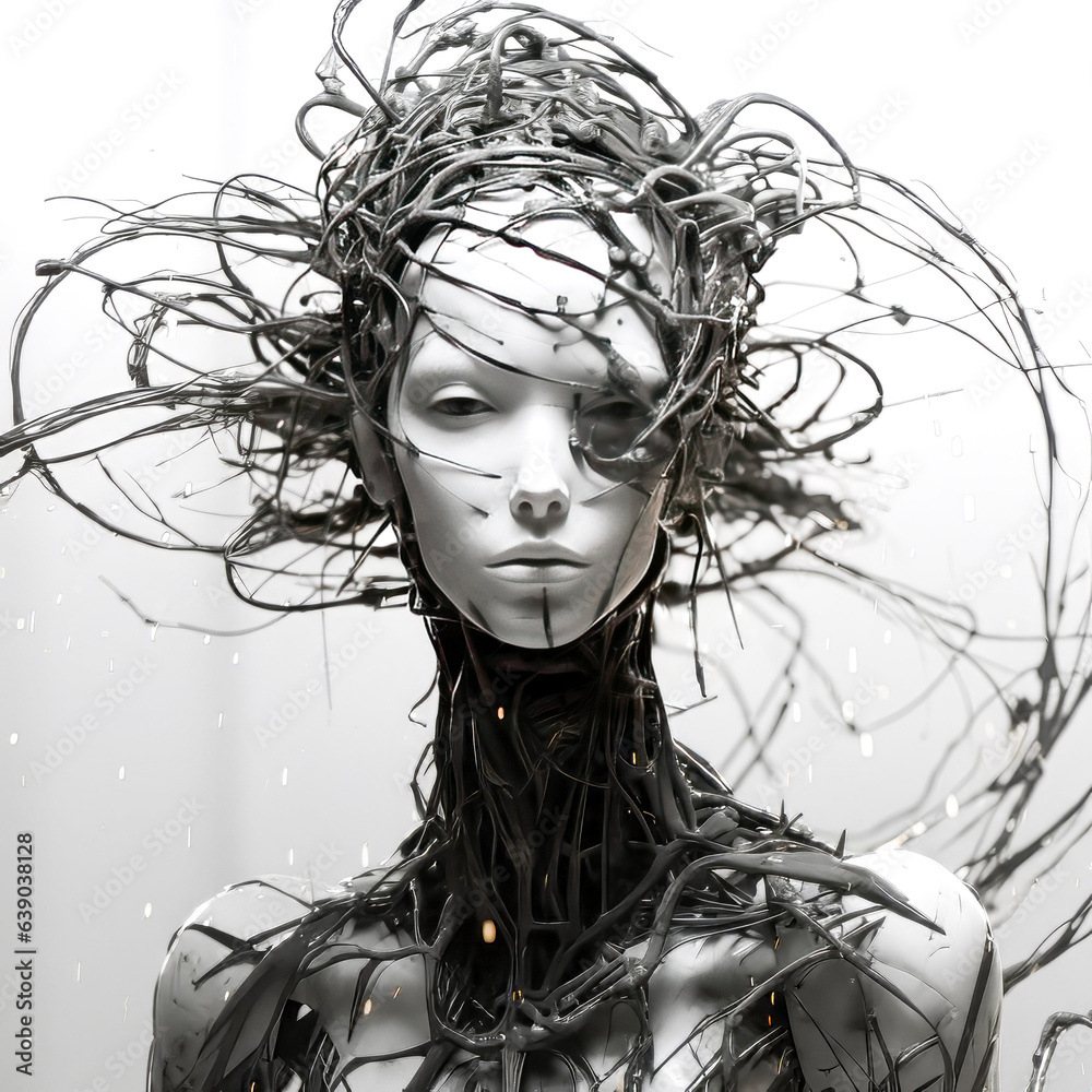 Female Fashion cyborg with beautiful mask face as 3D AI graphic, future style and alien, black and white photo. Futuristic robot head. Created with Generative AI Female Fashion cyborg with beautiful mask face as 3D AI graphic, future style and alien, black and white photo. Futuristic robot head. Created with Generative AI